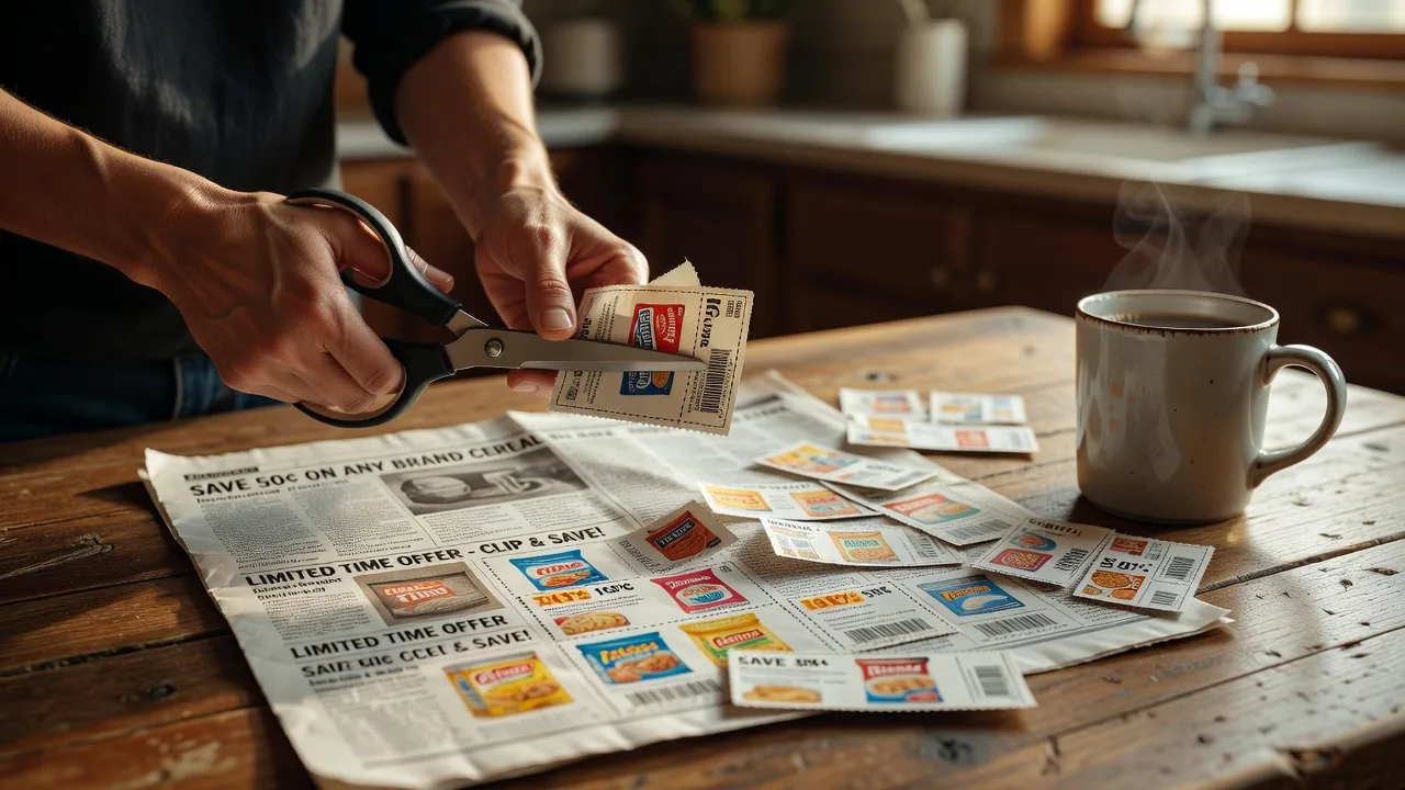 Cutting coupons from newspaper — traditional coupon clipping