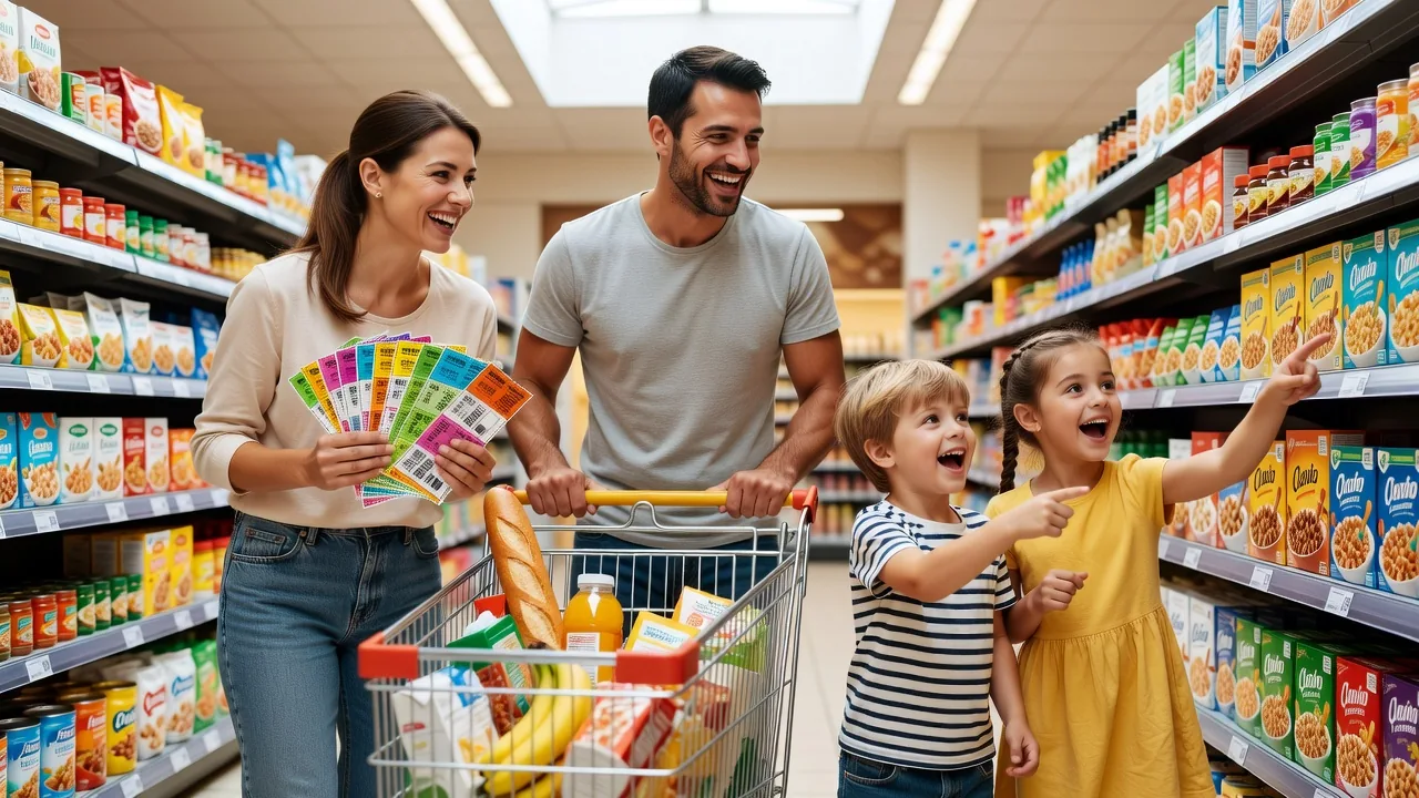 Family shopping with coupons and saving money at the store