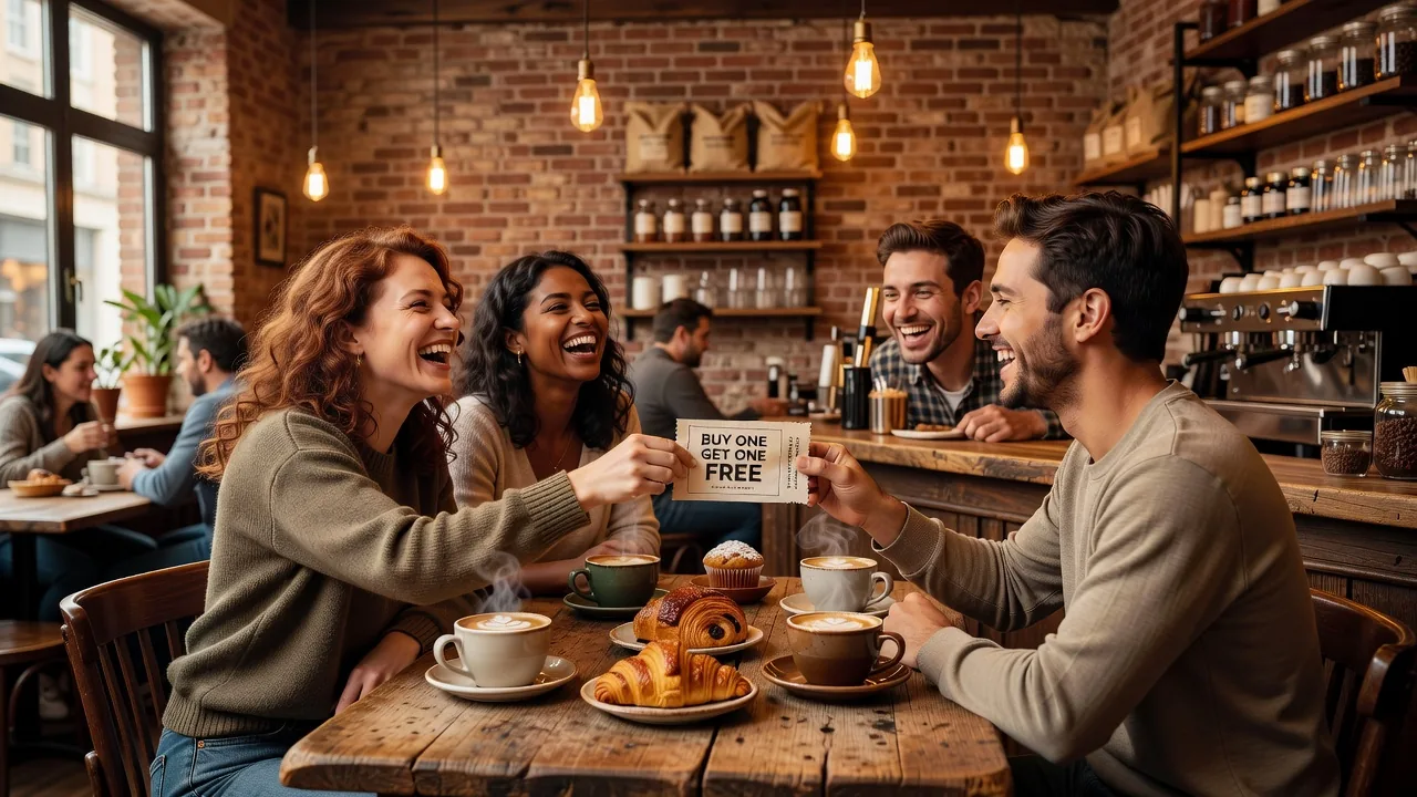 Friends using coupon at cafe