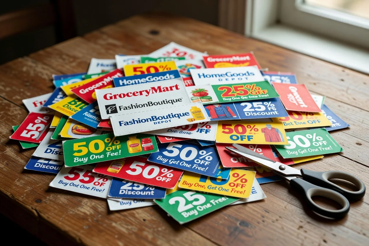 Stack of paper coupons — hundreds of deals available