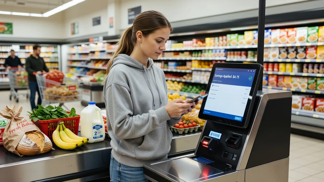 Woman scanning digital coupon at self-checkout